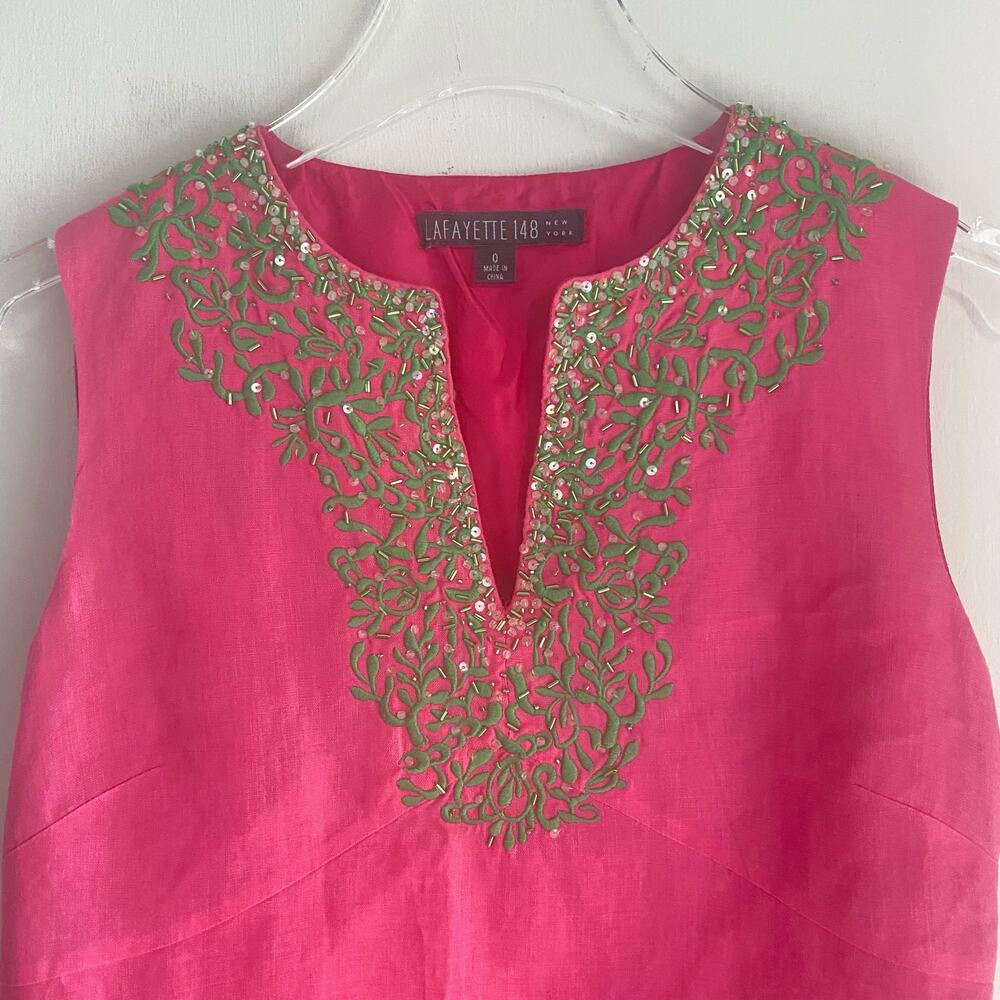 Lafayette 148 Fuchsia Pink Linen Tank Euro Summer Size 0 Beaded Embroidered